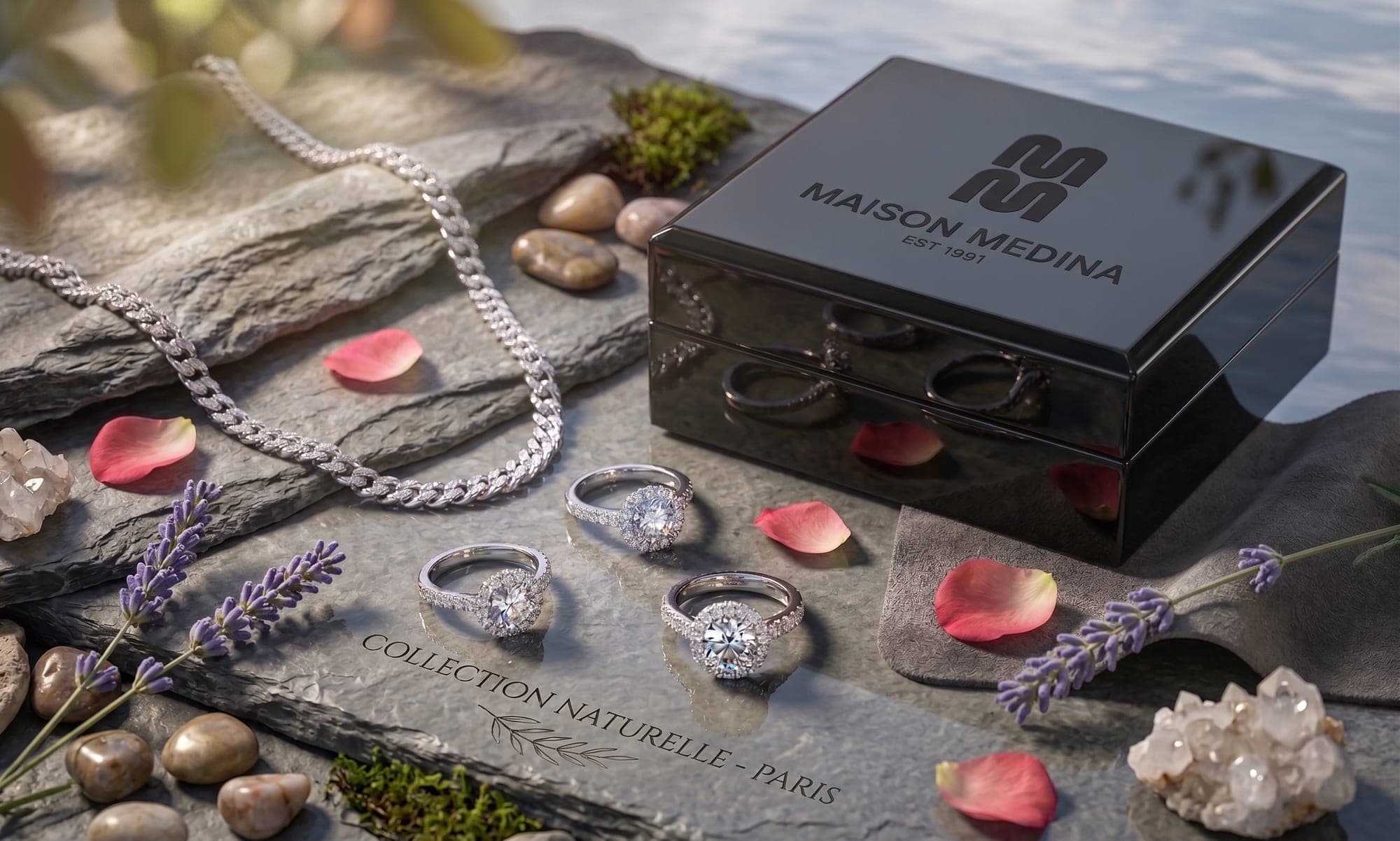 Three halo rings and a diamond chain arranged on slate beside a black Maison Medina case, with lavender, rose petals and quartz.